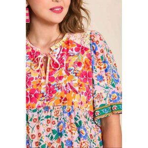 Umgee Mixed Floral Print Round Neck Blouse Sz 1XL